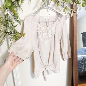 Spense Blush Nude Lace Top Size Small Floral Applique 3/4 Sleeve Tie Boho